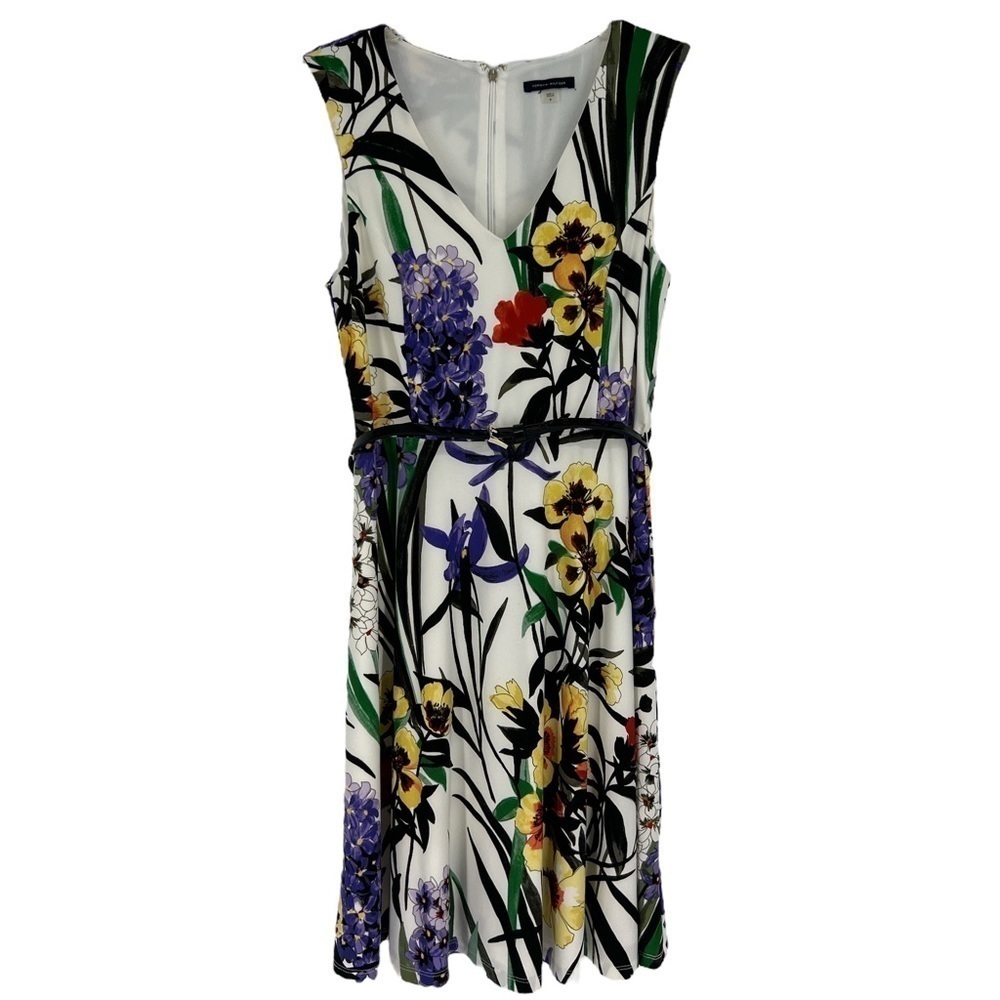 TOMMY HILFIGER V-NECK FLORAL KNEE LONG COCKTAIL DRESS Womens Size 8